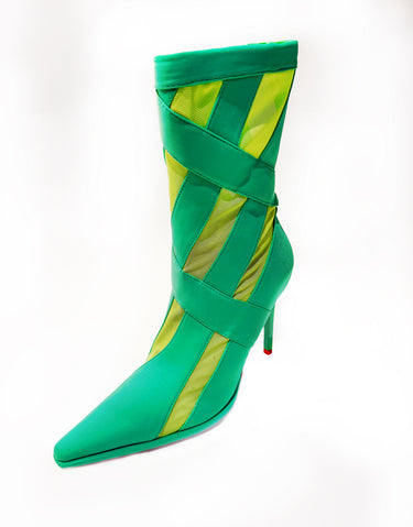 STRIPES STILETTO BOOTS IN GREEN/YELLOW MESH