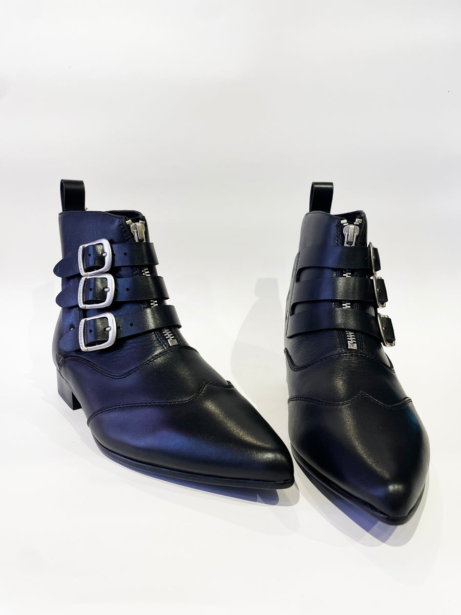 BLITZ WINKLEPICKER BLACK LEATHER BOOTS W/ BUCKLES