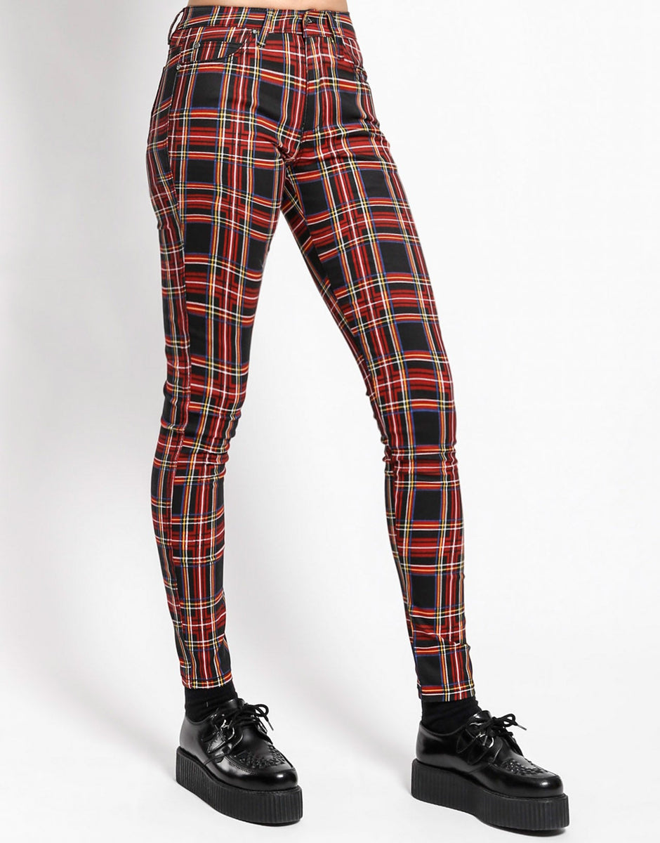 Red Plaid High Waisted Tartan Skinny Jeans Mid Rise Red Tartan