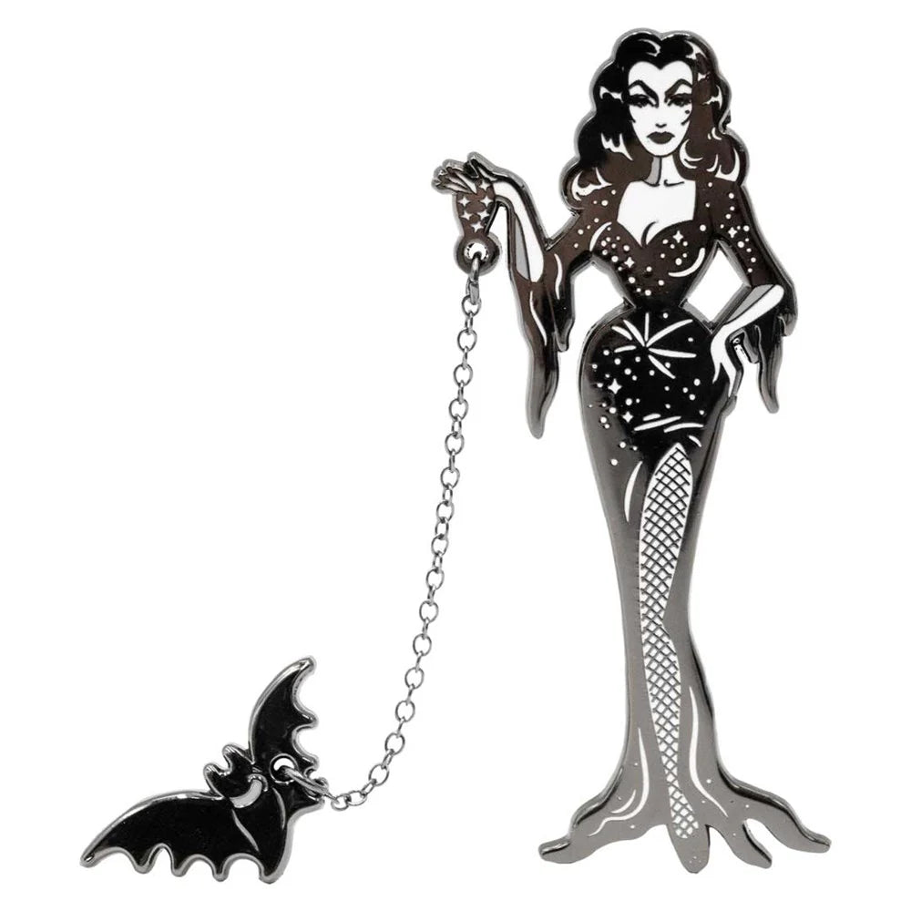 VAMPIRA WITH FLYING BAT ENAMEL PIN