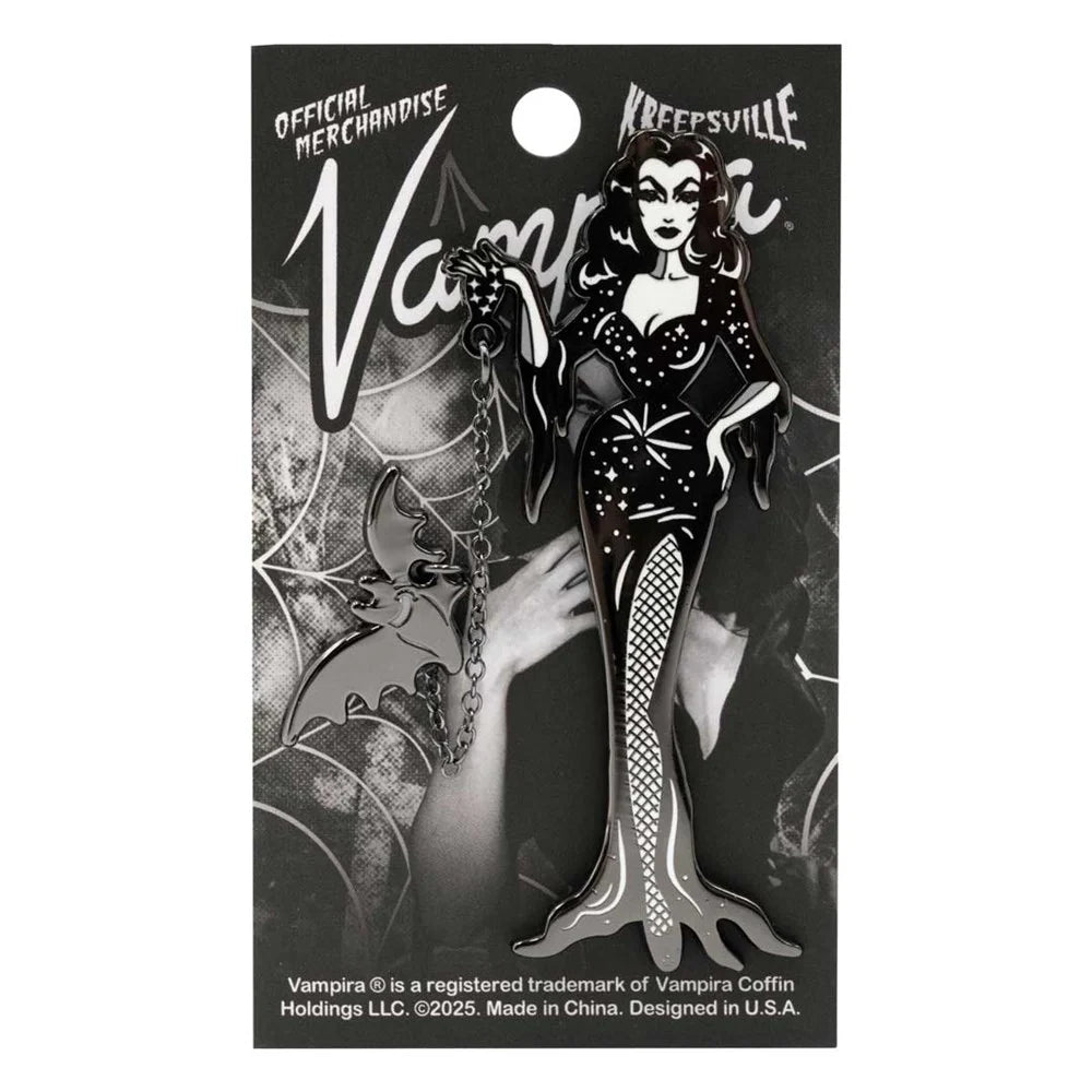 VAMPIRA WITH FLYING BAT ENAMEL PIN