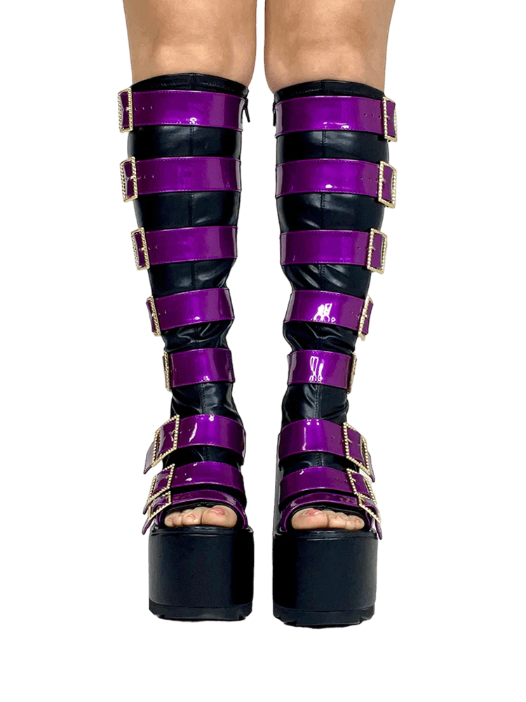 HOWLER BLACK PURPLE OPEN TOE PLATFORM BOOTS trashandvaudeville