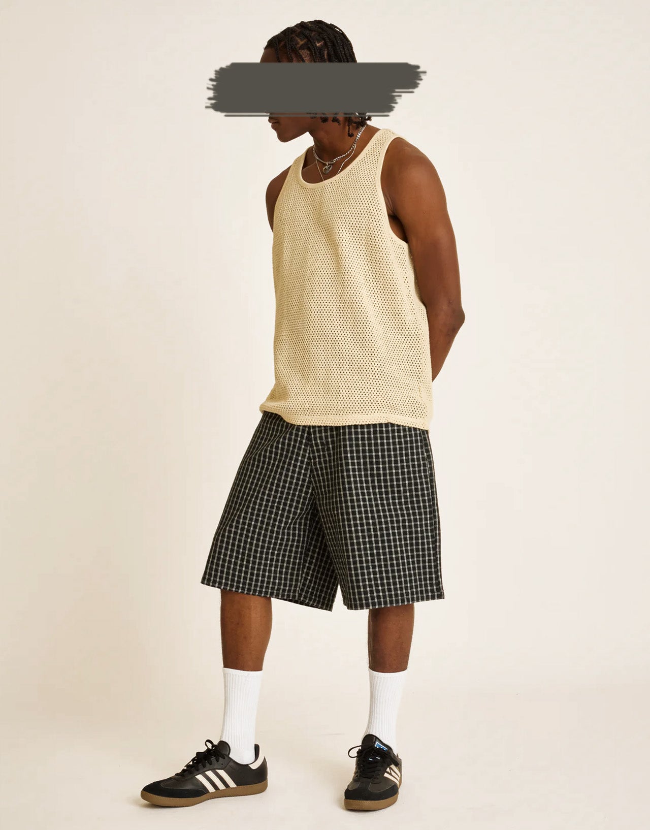 PLAID BAGGY DENIM SHORT BLACK MULTI