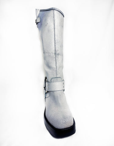 PUNK-ZINE TALL BOOTS IN WHITE CRACKLE