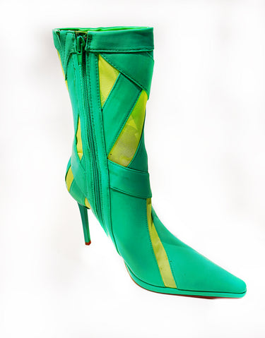 STRIPES STILETTO BOOTS IN GREEN/YELLOW MESH