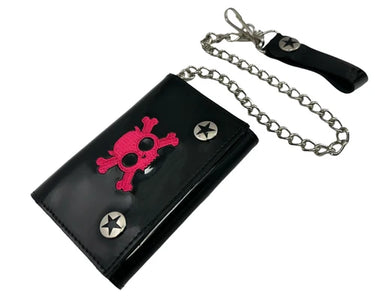 TRIFOLD WALLET BLACK PATENT PINK SKULL