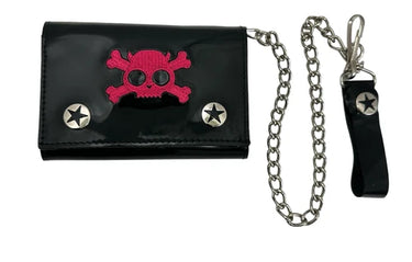TRIFOLD WALLET BLACK PATENT PINK SKULL