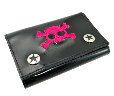 TRIFOLD WALLET BLACK PATENT PINK SKULL