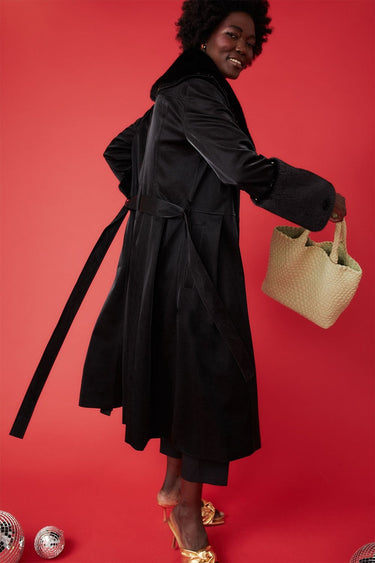 FAUX FUR TRIM TRENCH BLACK