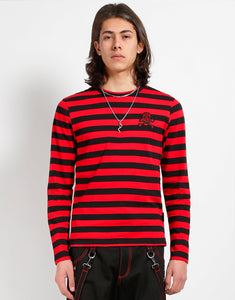 SKULL STRIPE KNIT TOP BLACK/RED