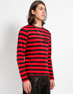 SKULL STRIPE KNIT TOP BLACK/RED