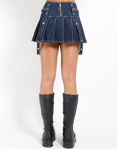 DENIM PLEATED BONDAGE SKIRT