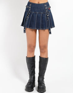 DENIM PLEATED BONDAGE SKIRT