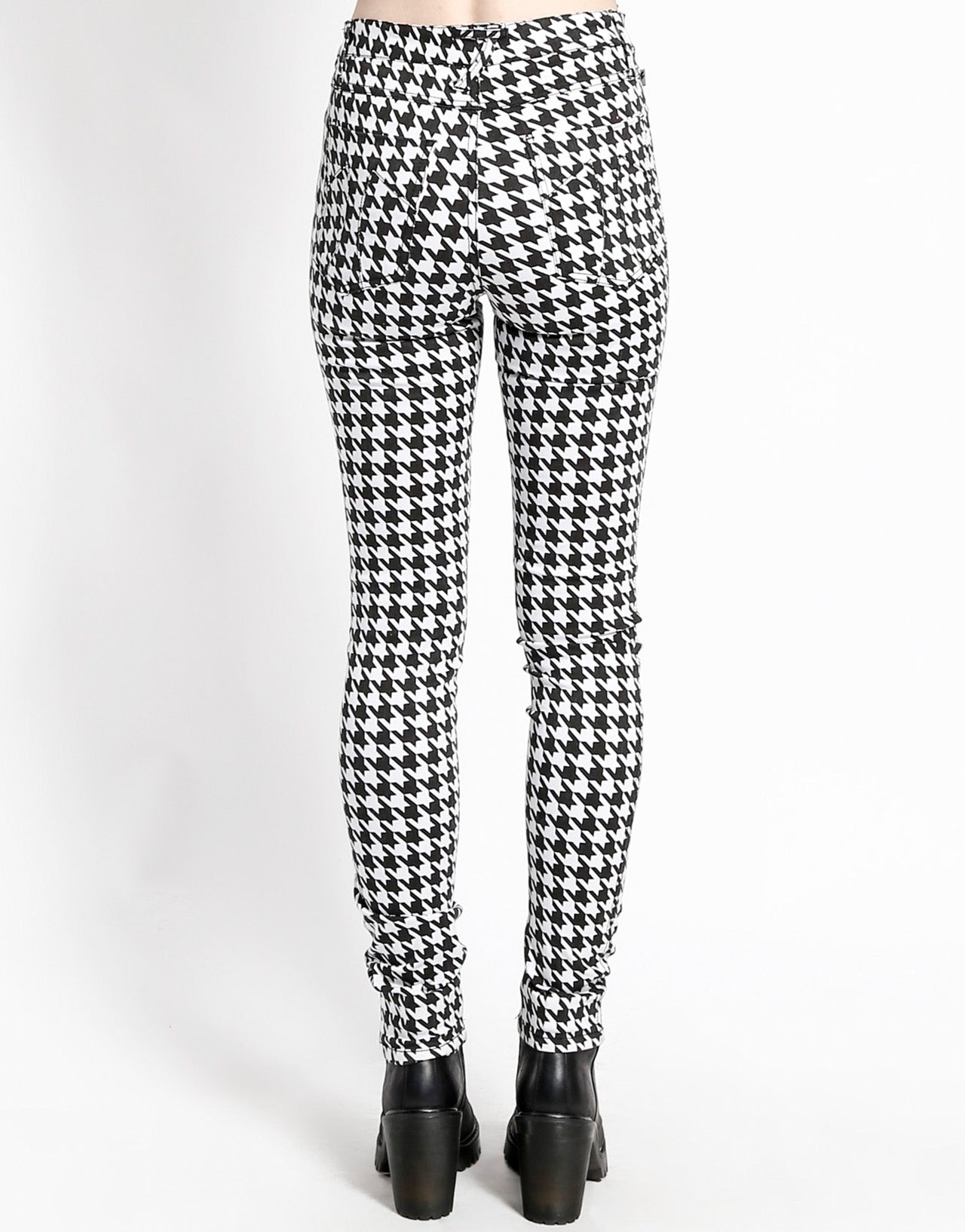 High Waisted T Back Jeans Houndstooth Print