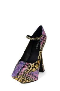 Siouxsie High Heel Mary Jane Pumps - Fuchsia/Yellow Snake